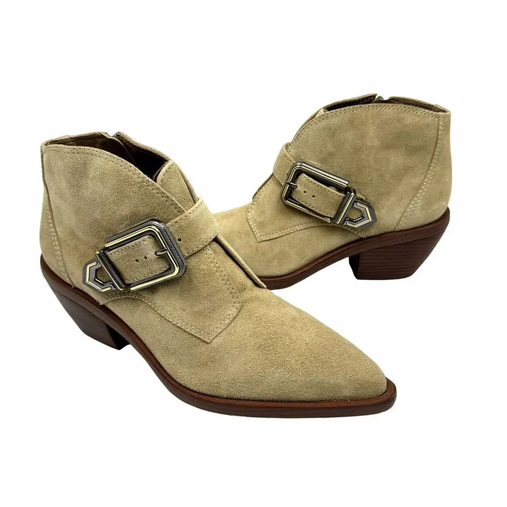 NEW Vince Camuto Ashena Tan Suede Leather Buckle Zip Up Bootie Ankle Boots